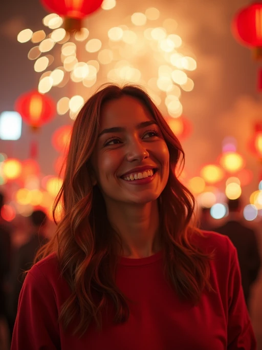 a model with if(gender=f){a happy expression while participating in Chinese New Year traditions} if(gender=m){a prosperous look while giving red envelopes}, adding a festive quality to their celebration, with fireworks and lanterns visible in the background