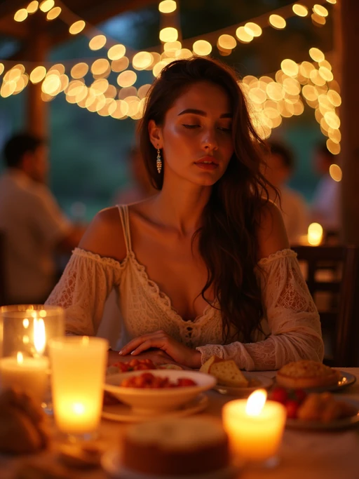 an incredibly attractive model during Eid celebrations, surrounded by glowing fanous lanterns, enjoying festive treats on a beautifully decorated table with family and friends