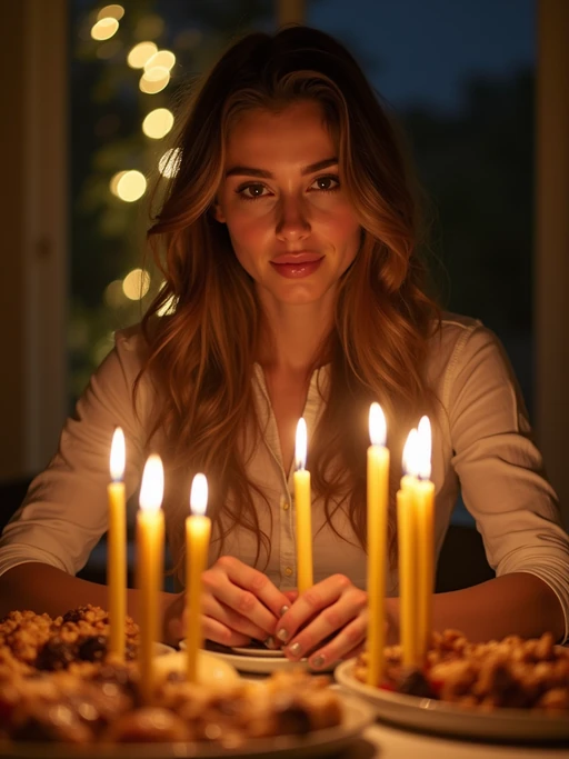 an incredibly attractive model during Hanukkah evening celebrations, surrounded by glowing candles, preparing for family gathering with traditional foods on a beautifully decorated table
