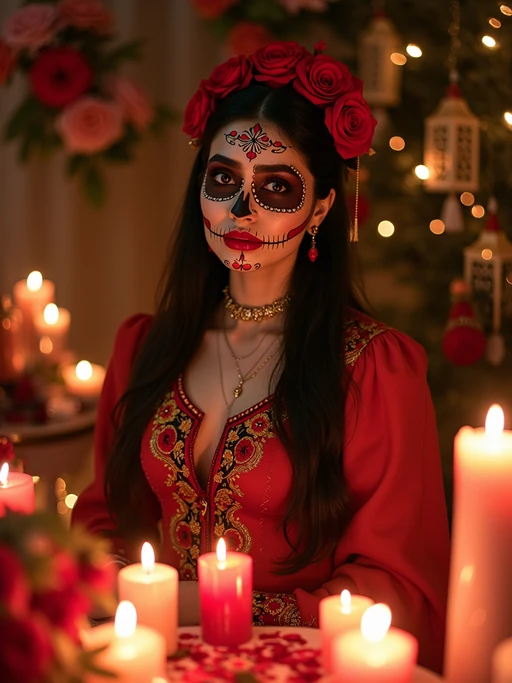 a stunning model surrounded by if(gender=f){beautiful altar decorations and candles} if(gender=m){traditional symbols and marigold paths}, capturing the sense of remembrance and family connection during Día de los Muertos