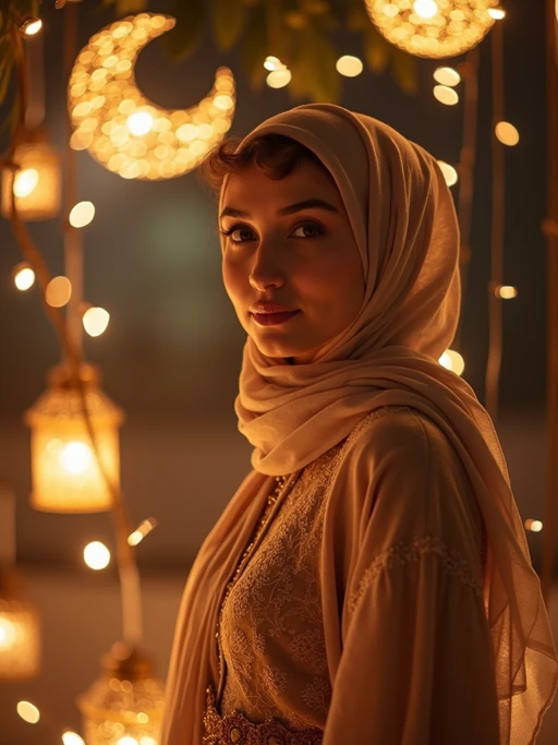 a stunning model celebrating Eid, surrounded by traditional lanterns and fairy lights, wearing if(gender=f){a beautiful modest outfit with elegant hijab} if(gender=m){a traditional thobe or kurta}, with crescent moon decorations in the background