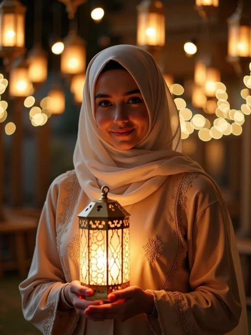 a stunning model celebrating Eid, surrounded by traditional lanterns and fairy lights, wearing if(gender=f){a beautiful modest outfit with elegant hijab} if(gender=m){a traditional thobe or kurta}, with crescent moon decorations in the background