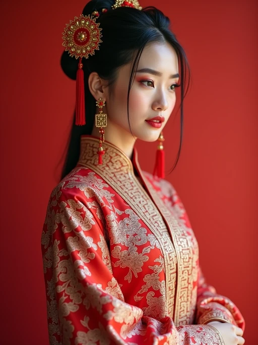 a model in if(gender=f){a traditional outfit with modern fashion elements} if(gender=m){a modern take on traditional clothes}, embodying the balance of tradition and contemporary life during Chinese New Year
