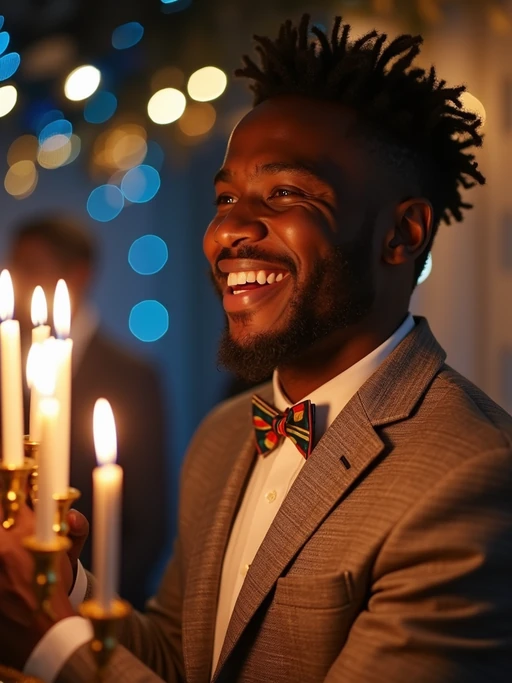 a model with if(gender=f){a happy expression while frying latkes in a warm kitchen} if(gender=m){a joyful look while reciting Hanukkah blessings}, adding a festive quality to their celebration, with menorah lights and blue and gold decorations visible in the background