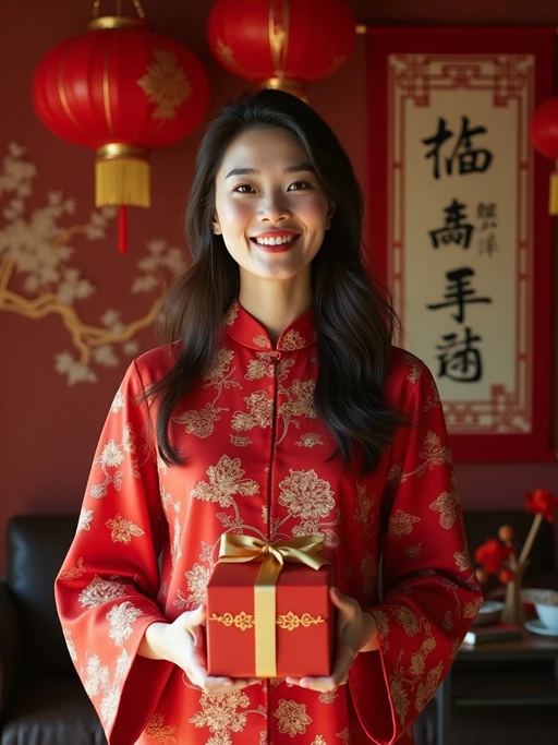 a model with if(gender=f){hands holding traditional Chinese New Year gifts} if(gender=m){hands arranging lucky decorations}, standing out in a beautifully decorated home with red and gold ornaments and Chinese calligraphy