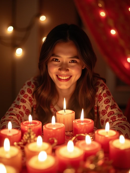 a stunning model surrounded by if(gender=f){beautiful Eid decorations and candles} if(gender=m){traditional lanterns and Islamic art}, capturing the sense of joy and family connection during the holiday
