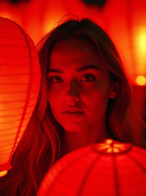 a model with if(gender=f){face illuminated by the warm glow of red lanterns} if(gender=m){face with a joyful expression amid festival lights}, capturing the excitement that defines this important cultural celebration