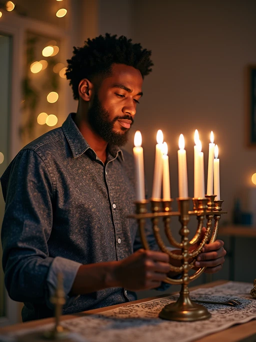a model with if(gender=f){hands holding a beautifully decorated dreidel} if(gender=m){hands lighting the menorah candles}, standing out in a beautifully decorated home with blue and silver ornaments and Hebrew calligraphy