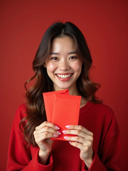 a model enjoying the Chinese New Year atmosphere, with if(gender=f){hands holding lucky red envelopes} if(gender=m){hands making traditional greeting gesture}, radiating happiness and prosperity