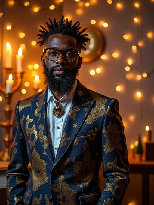 a stunning model in if(gender=f){a modern outfit with traditional blue and gold elements} if(gender=m){contemporary fashion with traditional Jewish touches}, capturing their festive look against a backdrop of Hanukkah symbols and decorations