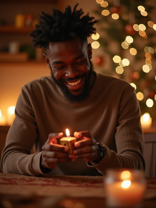 a model enjoying the Hanukkah atmosphere, with if(gender=f){hands lighting the shamash candle} if(gender=m){hands spinning a dreidel}, radiating happiness and spiritual connection