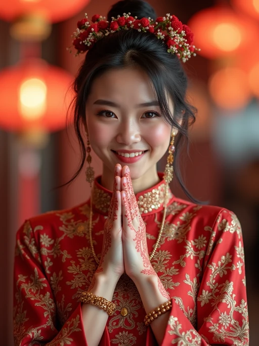 a model in if(gender=f){a modest yet fashionable Eid outfit} if(gender=m){traditional Eid clothes}, capturing their joyful energy during the celebrations, with henna designs and festive decorations
