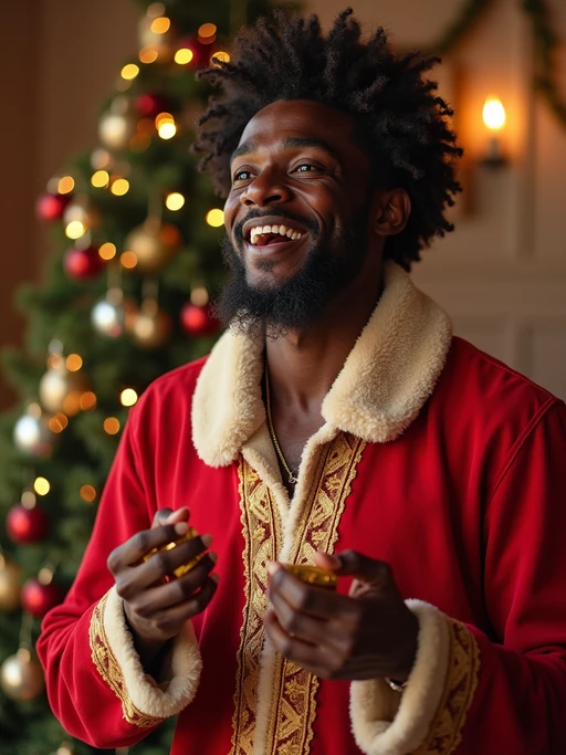 a model in if(gender=f){a festive blue and silver outfit} if(gender=m){traditional holiday clothes}, capturing their joyful energy during Hanukkah celebrations, with dreidels and gelt decorations