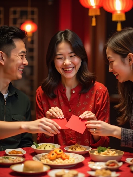 a model enjoying Chinese New Year festivities, surrounded by if(gender=f){family members exchanging red envelopes} if(gender=m){friends playing traditional games}, with a table full of symbolic foods and sweet treats