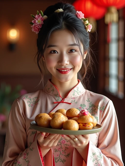 a model in traditional attire during Eid, sharing if(gender=f){homemade sweets with family} if(gender=m){dates and food with guests}, capturing the generous and community spirit of the holiday