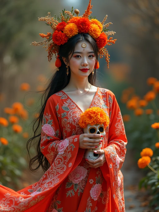 a model in if(gender=f){a flowing traditional dress with floral patterns} if(gender=m){a crisp dark suit with traditional Mexican details}, embodying the joyful and spiritual nature of Day of the Dead, with a sugar skull or marigold in hand