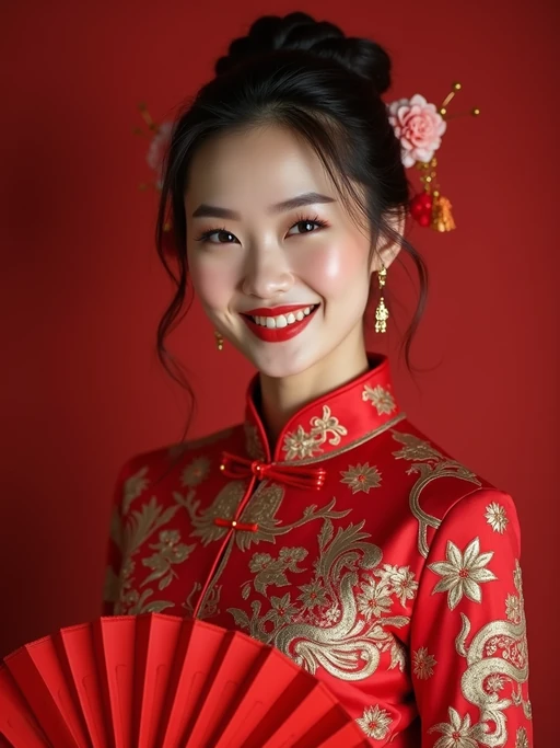 a model in if(gender=f){a silk qipao with embroidered details} if(gender=m){a festive Tang suit with traditional elements}, embodying the joyful and prosperous nature of Chinese New Year, with a red fan or lucky ornament in hand