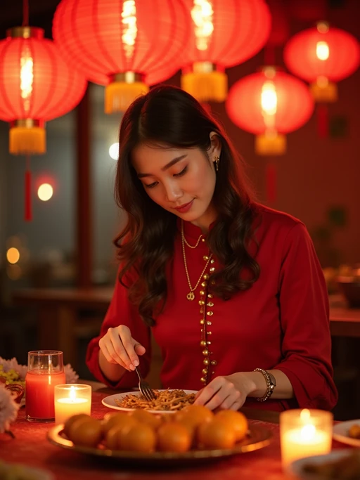 an incredibly attractive model during Chinese New Year evening celebrations, surrounded by glowing red lanterns, preparing for family reunion dinner with mandarin oranges and traditional foods on a beautifully decorated table