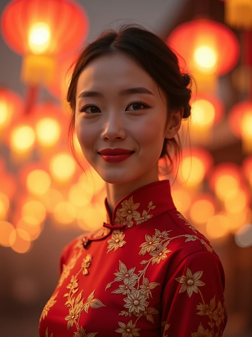 a stunning model celebrating Chinese New Year, sky full of traditional floating lanterns, wearing if(gender=f){a beautiful qipao dress in red and gold} if(gender=m){a traditional Tang suit in auspicious colors}