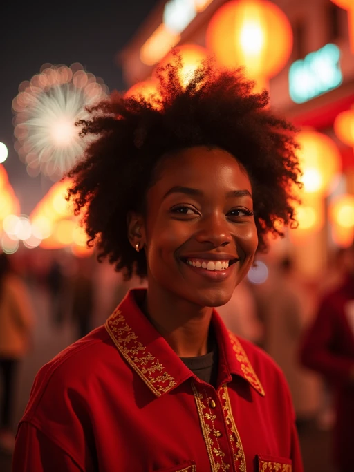 a model with if(gender=f){a happy expression while participating in Chinese New Year traditions} if(gender=m){a prosperous look while giving red envelopes}, adding a festive quality to their celebration, with fireworks and lanterns visible in the background