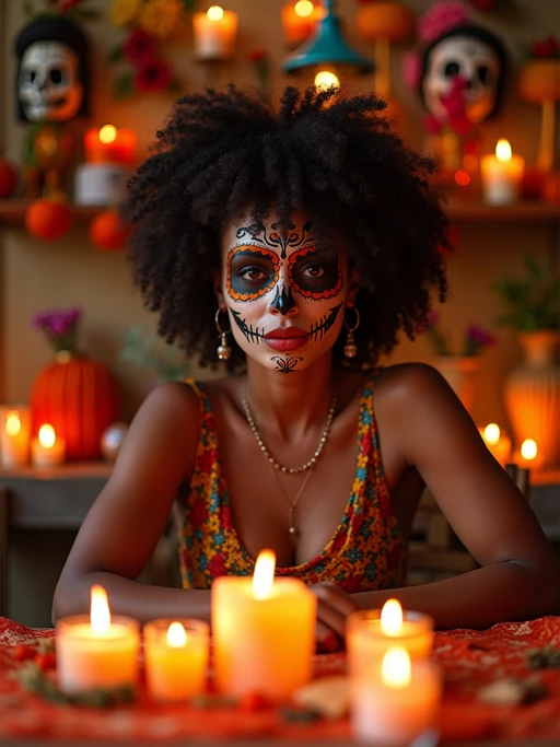 a stunning model surrounded by if(gender=f){beautiful altar decorations and candles} if(gender=m){traditional symbols and marigold paths}, capturing the sense of remembrance and family connection during Día de los Muertos