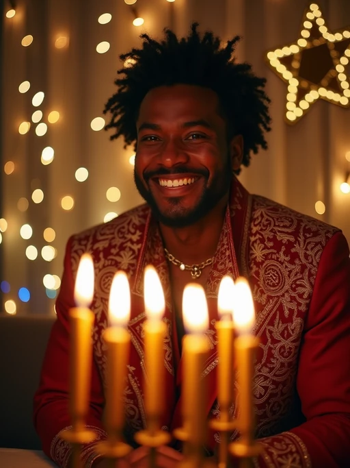 a stunning model celebrating Hanukkah, surrounded by lit menorahs and twinkling lights, wearing if(gender=f){a beautiful modest outfit in blue and silver} if(gender=m){a traditional festive attire}, with Star of David decorations in the background