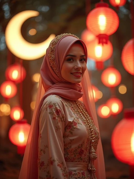 a stunning model celebrating Eid, surrounded by traditional lanterns and fairy lights, wearing if(gender=f){a beautiful modest outfit with elegant hijab} if(gender=m){a traditional thobe or kurta}, with crescent moon decorations in the background