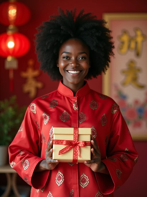 a model with if(gender=f){hands holding traditional Chinese New Year gifts} if(gender=m){hands arranging lucky decorations}, standing out in a beautifully decorated home with red and gold ornaments and Chinese calligraphy