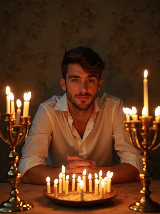 a stunning model surrounded by if(gender=f){beautiful Hanukkah decorations and gifts} if(gender=m){traditional symbols and menorahs}, capturing the sense of miracle and family connection during the Festival of Lights