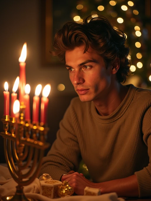 a stunning model surrounded by if(gender=f){beautiful Hanukkah decorations and gifts} if(gender=m){traditional symbols and menorahs}, capturing the sense of miracle and family connection during the Festival of Lights