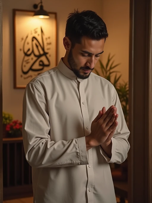 a model with if(gender=f){hands holding Eid gifts and sweets} if(gender=m){hands greeting family members}, standing out in a beautifully decorated home with soft lighting and Islamic calligraphy