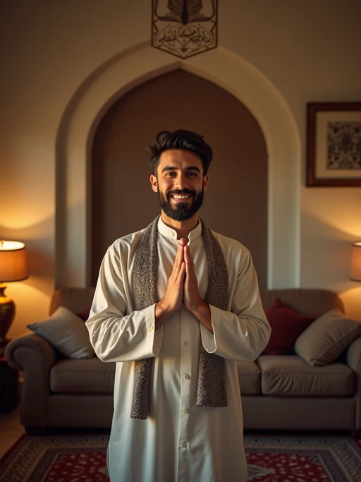 a model with if(gender=f){hands holding Eid gifts and sweets} if(gender=m){hands greeting family members}, standing out in a beautifully decorated home with soft lighting and Islamic calligraphy