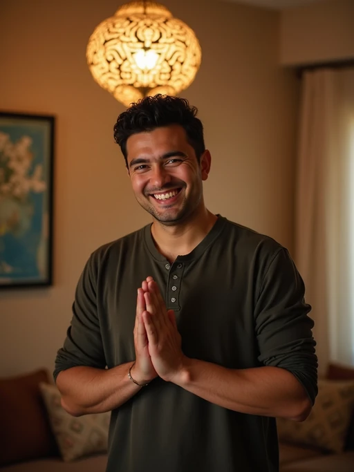 a model with if(gender=f){hands holding Eid gifts and sweets} if(gender=m){hands greeting family members}, standing out in a beautifully decorated home with soft lighting and Islamic calligraphy