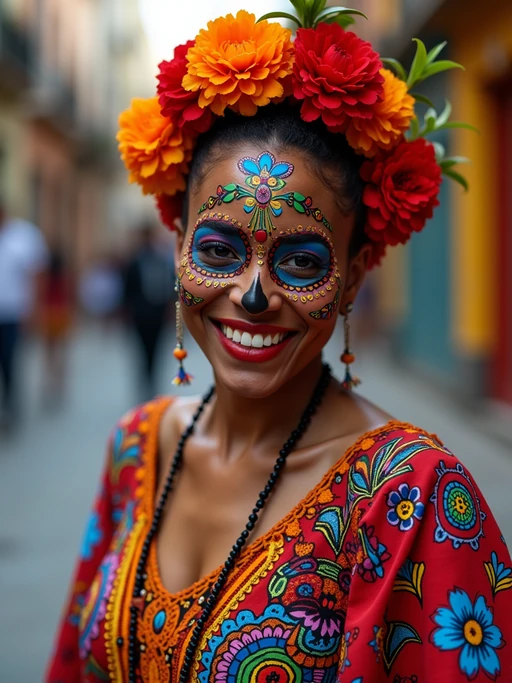 a model in if(gender=f){a colorful traditional dress with skull motifs} if(gender=m){traditional Day of the Dead clothes with skeleton details}, capturing their joyful energy during the celebrations, with sugar skulls and marigold decorations