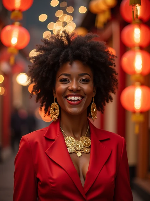 a model in if(gender=f){a festive red outfit with gold accessories} if(gender=m){traditional Chinese New Year clothes with symbolic colors}, capturing their joyful energy during the Lunar Chinese New Year celebrations, with firecrackers and lion dance decorations
