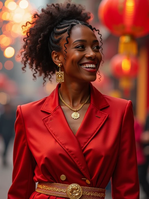 a model in if(gender=f){a festive red outfit with gold accessories} if(gender=m){traditional Chinese New Year clothes with symbolic colors}, capturing their joyful energy during the Lunar Chinese New Year celebrations, with firecrackers and lion dance decorations