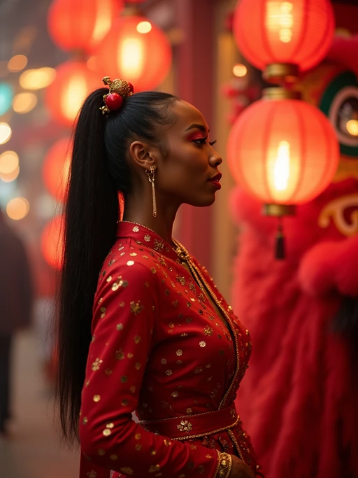 a model in if(gender=f){a festive red outfit with gold accessories} if(gender=m){traditional Chinese New Year clothes with symbolic colors}, capturing their joyful energy during the Lunar Chinese New Year celebrations, with firecrackers and lion dance decorations