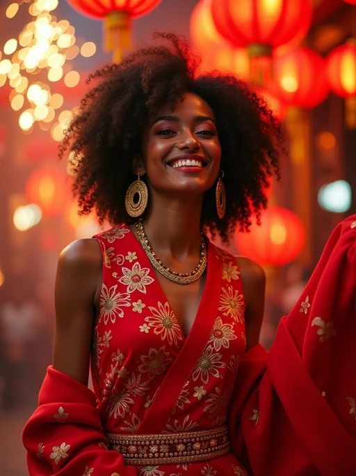 a model in if(gender=f){a festive red outfit with gold accessories} if(gender=m){traditional Chinese New Year clothes with symbolic colors}, capturing their joyful energy during the Lunar Chinese New Year celebrations, with firecrackers and lion dance decorations