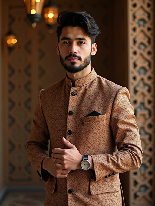 a stunning model in if(gender=f){a modern modest outfit with traditional elements} if(gender=m){contemporary modest fashion with traditional touches}, capturing their festive look against a backdrop of Islamic geometric patterns and Eid decorations
