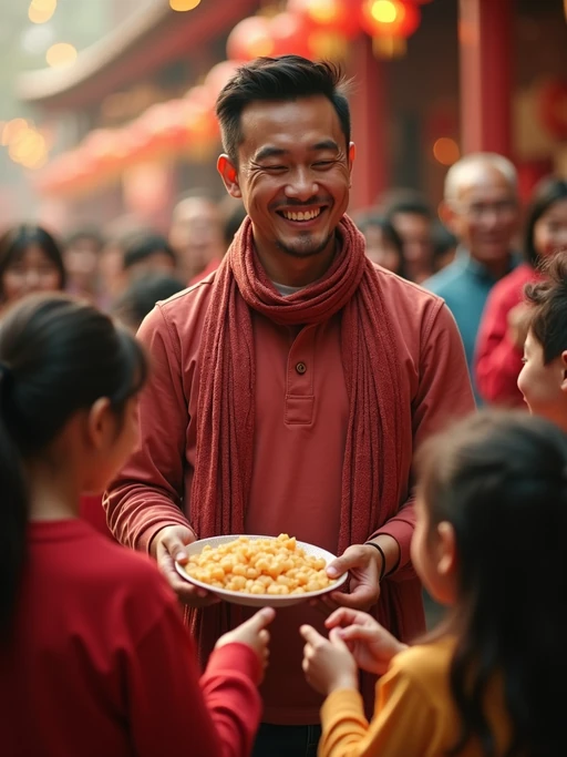 a model enjoying the Eid atmosphere, with if(gender=f){hands decorated with henna and holding Eid gifts} if(gender=m){hands giving Eidi to children}, radiating happiness and generosity