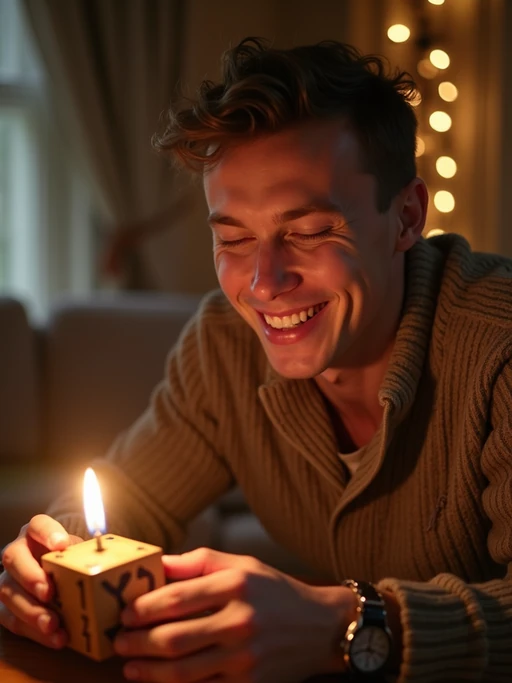 a model enjoying the Hanukkah atmosphere, with if(gender=f){hands lighting the shamash candle} if(gender=m){hands spinning a dreidel}, radiating happiness and spiritual connection