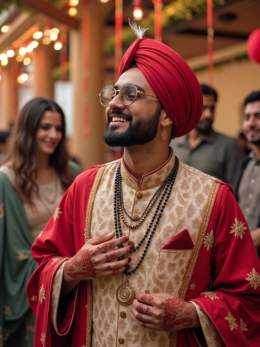 a model in if(gender=f){a modest yet fashionable Eid outfit} if(gender=m){traditional Eid clothes}, capturing their joyful energy during the celebrations, with henna designs and festive decorations
