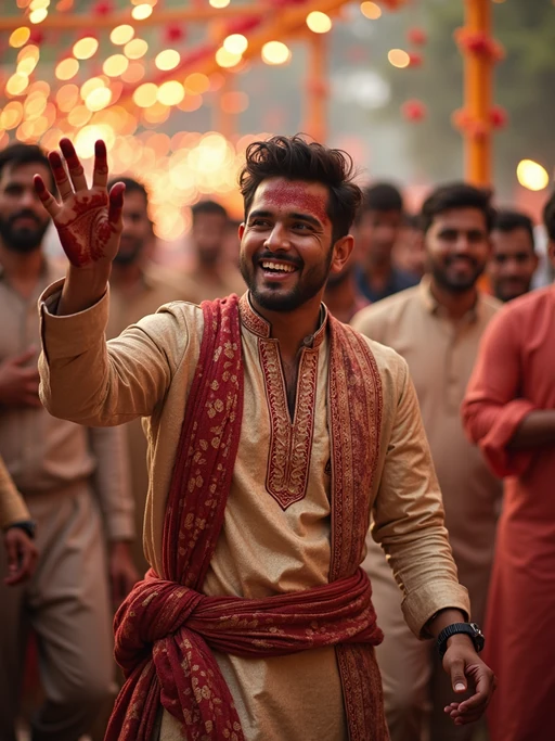 a model in if(gender=f){a modest yet fashionable Eid outfit} if(gender=m){traditional Eid clothes}, capturing their joyful energy during the celebrations, with henna designs and festive decorations