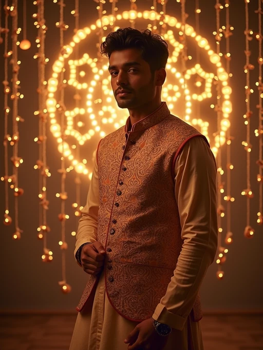 a model in if(gender=f){a flowing abaya with subtle sparkles} if(gender=m){a festive kurta with traditional vest}, striking a pose with beautiful Eid decorations casting intricate light patterns