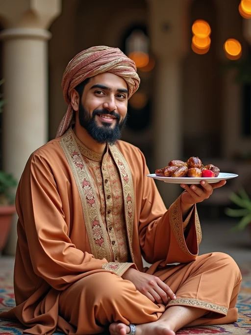 a model in traditional attire during Eid, sharing if(gender=f){homemade sweets with family} if(gender=m){dates and food with guests}, capturing the generous and community spirit of the holiday