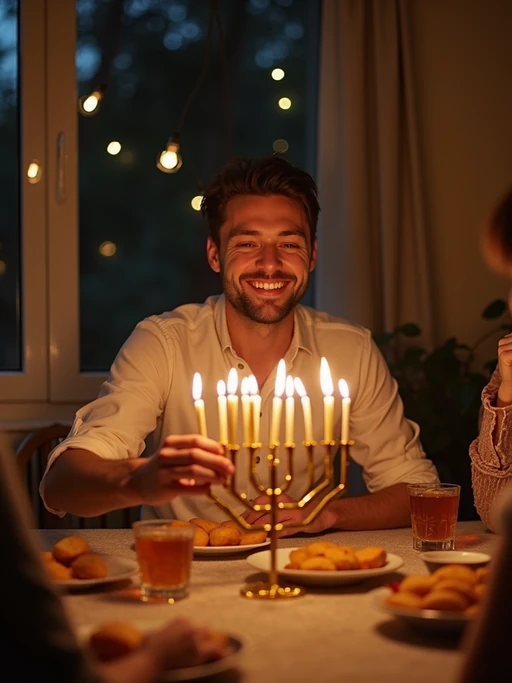 a model enjoying Hanukkah festivities in the evening, surrounded by if(gender=f){family members playing dreidel} if(gender=m){friends lighting the menorah}, with a table full of traditional foods like latkes and sufganiyot