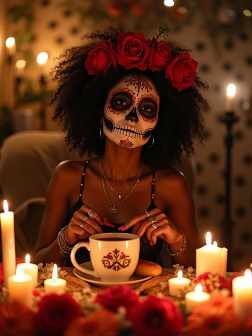 an incredibly attractive model during Día de los Muertos celebrations, surrounded by glowing candles and ofrendas, enjoying traditional pan de muerto and Mexican hot chocolate on a beautifully decorated altar