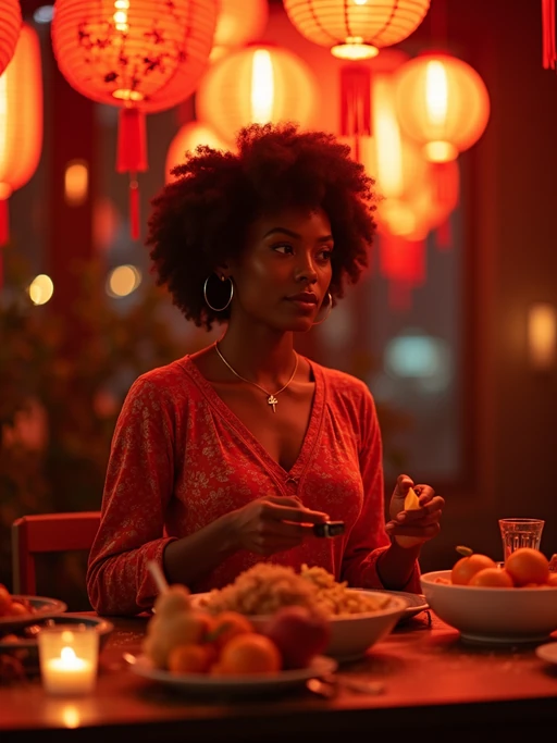 an incredibly attractive model during Chinese New Year evening celebrations, surrounded by glowing red lanterns, preparing for family reunion dinner with mandarin oranges and traditional foods on a beautifully decorated table