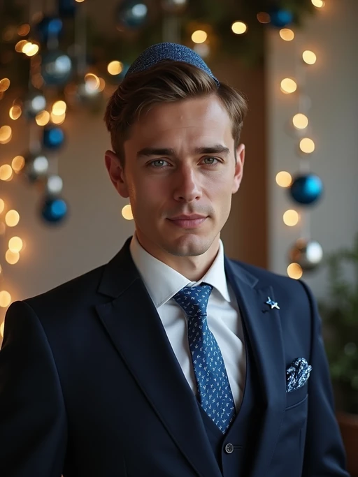 a stunning model with if(gender=f){hair adorned with subtle blue and silver accessories} if(gender=m){a kippah and formal outfit}, capturing the essence of Hanukkah traditions in a room decorated with Stars of David and blue and silver ornaments