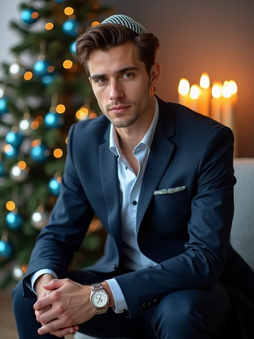 a stunning model with if(gender=f){hair adorned with subtle blue and silver accessories} if(gender=m){a kippah and formal outfit}, capturing the essence of Hanukkah traditions in a room decorated with Stars of David and blue and silver ornaments